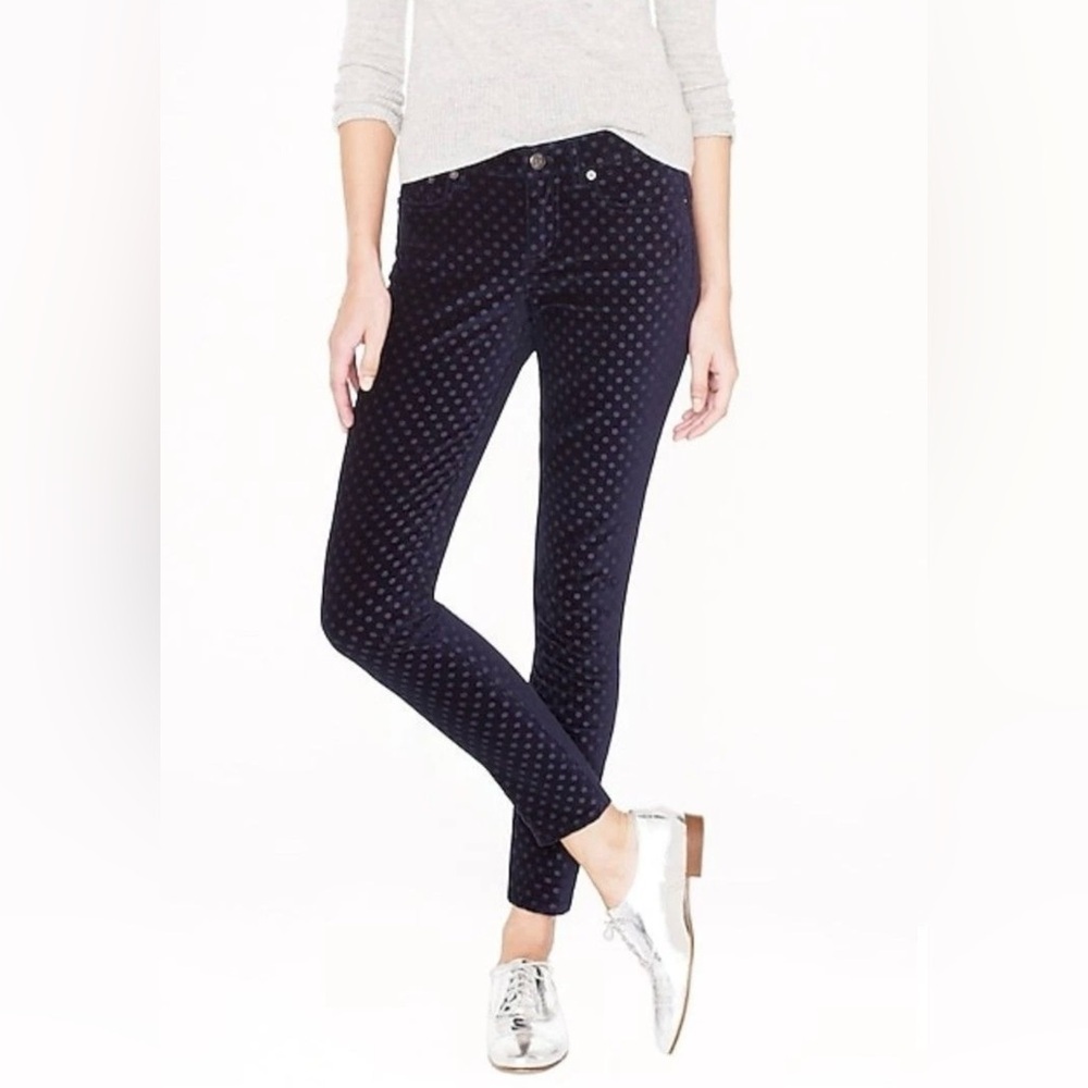 J. Crew Toothpick Velour Velvet Dark Blue Polka Dots Skinny Pants Size 26 Ankle